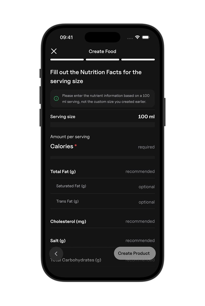 Entering nutrition information screen