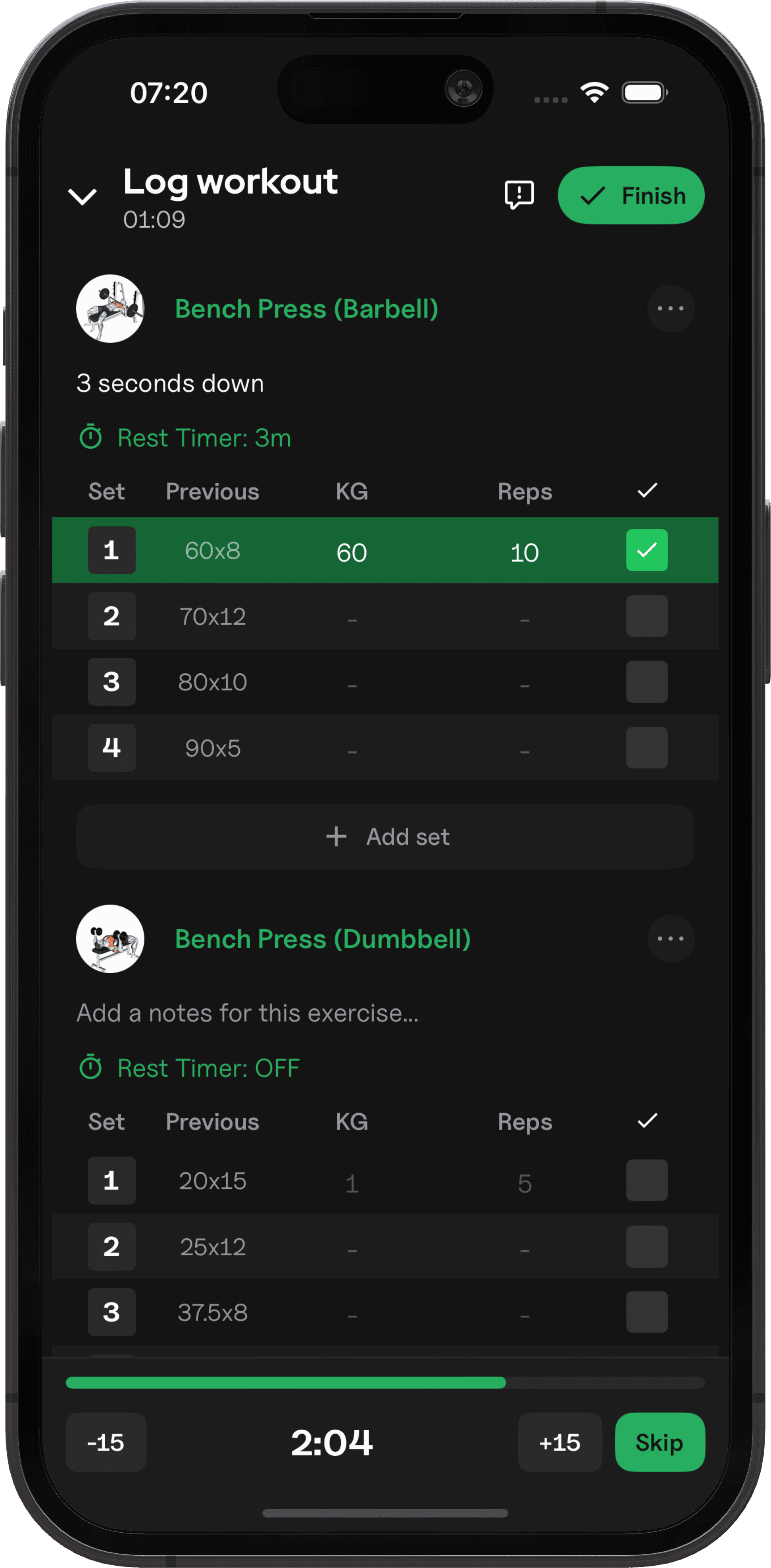 App screenshot showing workout logger